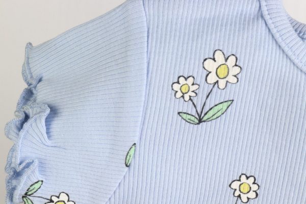 تیشرت آستین کوتاه دخترانه کشی کبریتی گلهای آبی