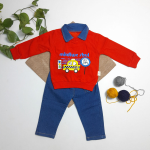 ست بلوز و شلوار نوزادی پسرانه آستین بلند طرح تاکسی بلوز یقه دار و شلوار جین کاغذی قرمز رنگ