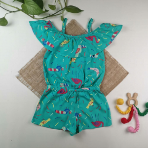 رامپر دخترانه آستین تاپ برند cat & jack طرح طوطی یقه پرکی سبز رنگ - 5 سال