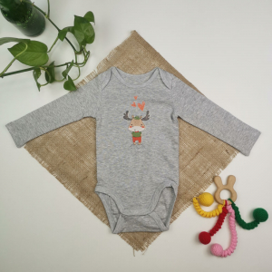 بادی نوزادی پسرانه آستین بلند برند h&m طرح گوزن طوسی پررنگ رنگ