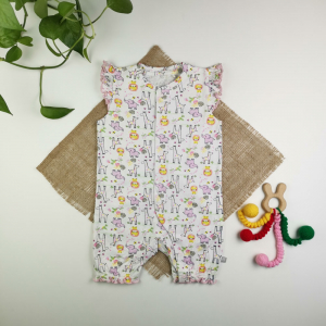 رامپر نوزادی دخترانه آستین تاپ طرح حیوانات پرکی سفید رنگ