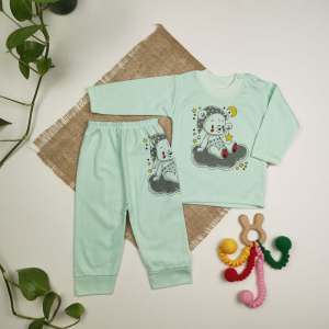 ست بلوز و شلوار نوزادی پسرانه آستین کوتاه طرح خرس سبز رنگ