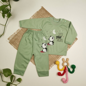 ست بلوز و شلوار نوزادی پسرانه آستین کوتاه طرح پاندا سبز رنگ