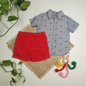 ست تیشرت و شورتک نوزادی پسرانه آستین کوتاه برند carters طرح دایناسور آبی رنگ