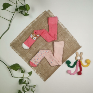 جوراب شلواری نوزادی برند Kuniboo - lupilu طرح آهو ست دو عددی استوپ دار صورتی رنگ