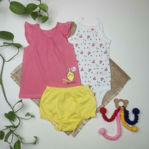 ست تاپ و شورتک نوزادی دخترانه آستین تاپ برند lupilu طرح میوه صورتی رنگ