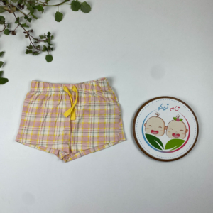 شلوارک دخترانه طرح چهارخونه بندک دار صورتی رنگ
